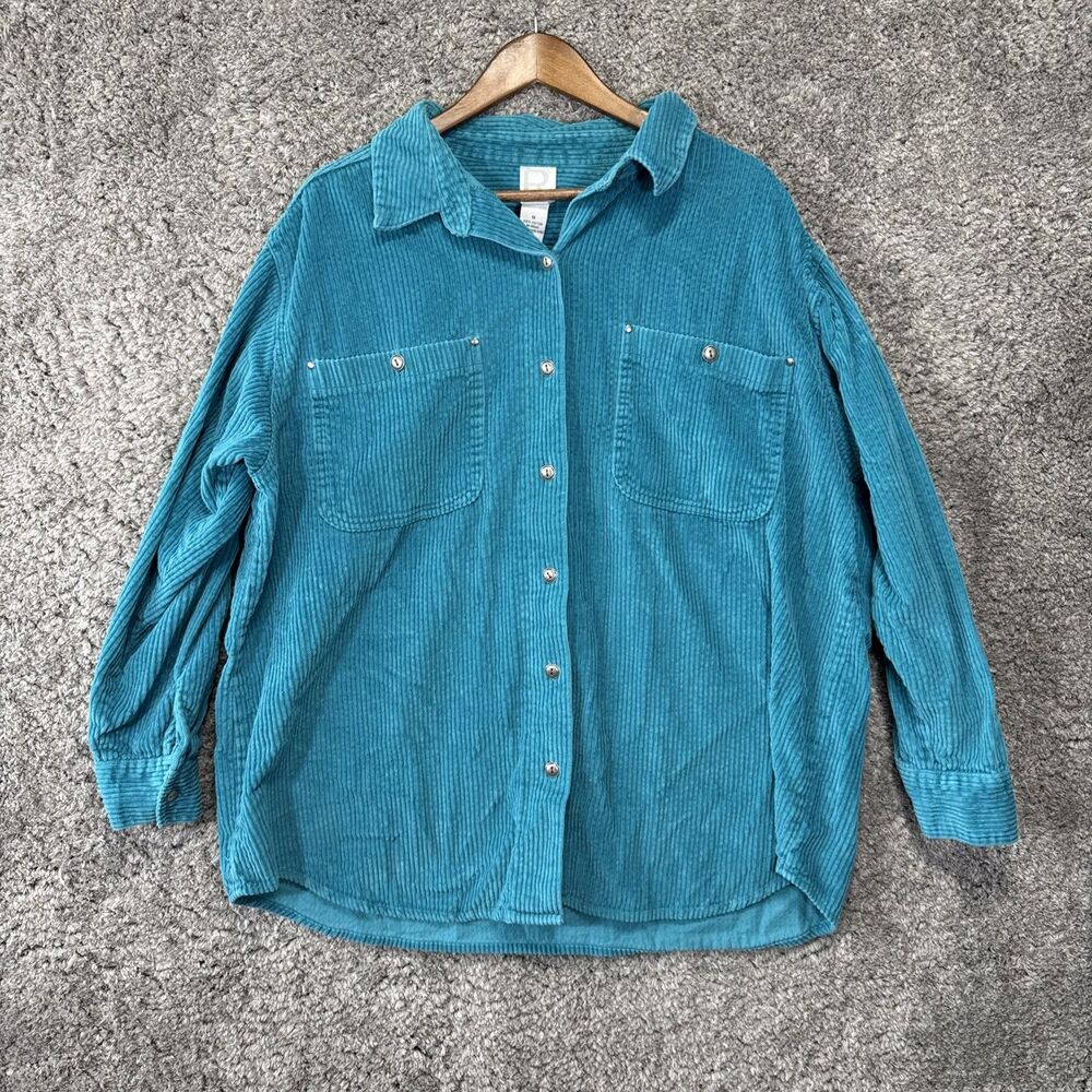 Vintage Teal Corduroy Women’s Shirt Button Up Collared Shacket 1X 90s Classic